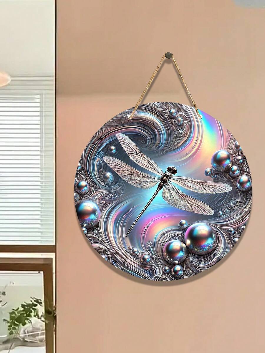 【蜻蜓标牌】木质蜻蜓主题圆形标牌，室内装饰艺术品，适用于家居、酒吧、车库、咖啡馆的墙面和门饰，可点缀花环，营造农舍风格，是理想的节日礼物 - 单件装 - 彩色 - 查看 1