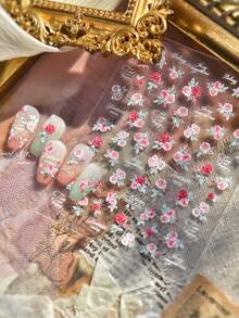 1 Sheet 5D Embossed Rhinestone Nail Stickers, Fresh Style Red Rose Pattern Self-Adhesive Manicure Decals For Girlfriend Valentine's Day Gift - Multicolor - View 9