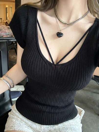 新款纯色百搭修身收腰短袖针织上衣，春夏款