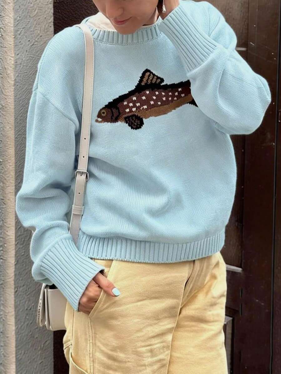 女式拼色套头毛衣，长袖宽松圆领款式，时尚百搭。这款可爱舒适的毛衣是畅销品，非常适合节日、度假、街头出游、外出、返校季和海边活动。 - 淺藍色 - 查看 1