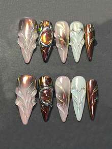 十款奢华复古手工美甲贴片，渐变色假指甲，欧美辣妹风，3D纯手绘假指甲，春夏款，可重复使用，美甲艺术，女士礼物，适合女孩和女士参加派对和日常佩戴。美甲用品，手工按压式假指甲。 - 彩色 - 查看 9