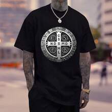 Premium T-Shirt With Saint Benedict Medal And The Holy Cross, Christian Religious Design, 100% Cotton, Immediate Shipping - 黑色 - 查看 2
