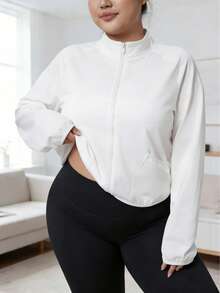 Plus Size Women's Full Zip Stand Collar Pockets Sports Jacket, Outdoor Running Hiking Fitness Coat, Casual Loose Workout Pullover Top