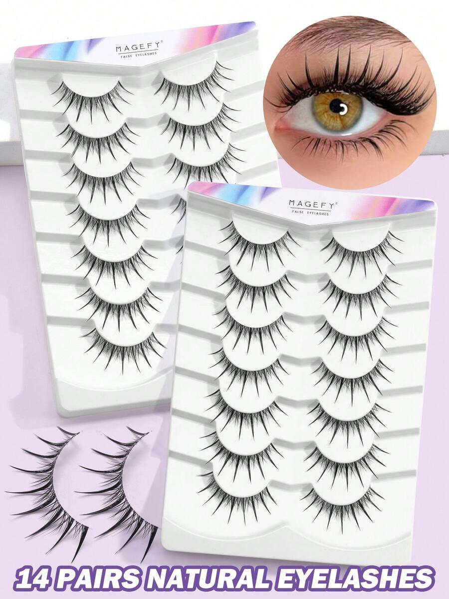 MAGEFY 7/14对卡通风格自然轻盈假睫毛 - 透明带仿貂毛猫眼假睫毛，打造自然日常妆容 - 可重复使用，舒适，新手友好 - 黑色 - 查看 1