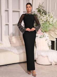 Modphy 新款奢华仿珍珠点缀露肩长袖仿羽毛装饰绷带连衣裙，适合婚礼、派对、晚宴等正式场合，黑色春季款 - 黑色 - 查看 3