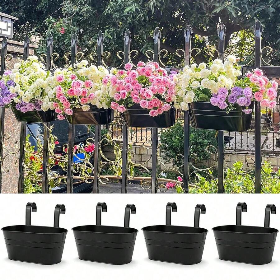 1/2/3/4pcs Set Large Hanging Flower Pot; Garden Flower Pot, Flower Pot, Durable Wrought Iron Wall-Mounted Flower Pot; Sturdy And Durable; Comes With Detachable Hooks; Suitable For Railings, Fences, Balconies, Patios, Gardens And Indoor Decoration, Hanging Fence Flower Pot, Flower Pot With Detachable Hooks - Hanging Flower Pots - View 1