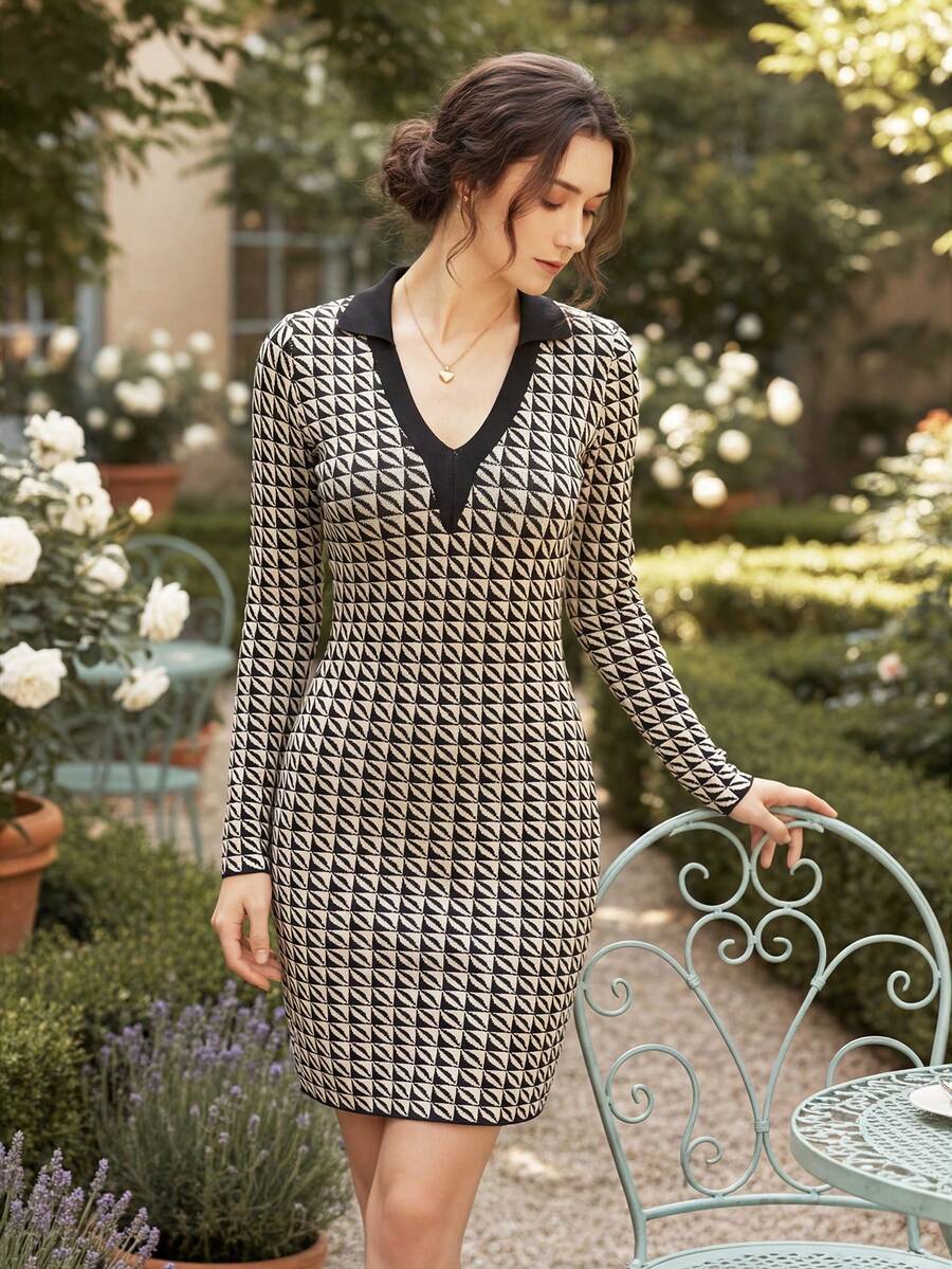 Knit Mix Geo Pattern Jumper Dress - Black and White - View 1