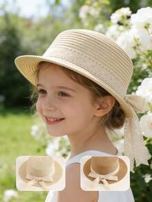 1pc Children's Hat, Spring And Summer Children's Lace Bow Grass Hat, Suitable For Girls, Used For Outdoor Beaches And Beaches, Worn For Spring Outings - 1PC - View 2
