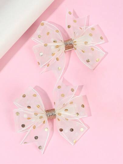 2 piezas Pinzas para el cabello con lazo de tul de oro blanco para niñas, lazos para el cabello con pinza de cocodrilo a lunares, pasador para el cabello con brillo, accesorios lindos para el cabello para regalos de niñas, fiestas, escuela, uso diario, Año Nuevo