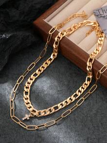 2pcs Cross Copper Inlaid Cubic Zirconia Hiphop Chain Necklace, Exaggerated Thick Chain Layered Safety Pin Necklace Set - Yellow Gold - View 2