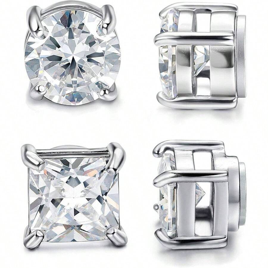 2 Pairs Stainless Steel Magnetic Stud Earrings Men Women Non - Piercing CZ Hypoallergenic - 6毫米 - 查看 1