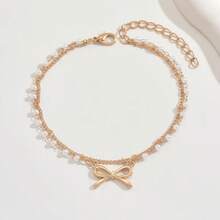 1件装时尚优雅仿珍珠串珠蝴蝶结双层脚链，女士夏季沙滩度假蝴蝶脚饰 - 蝴蝶結腳鍊 - 查看 2