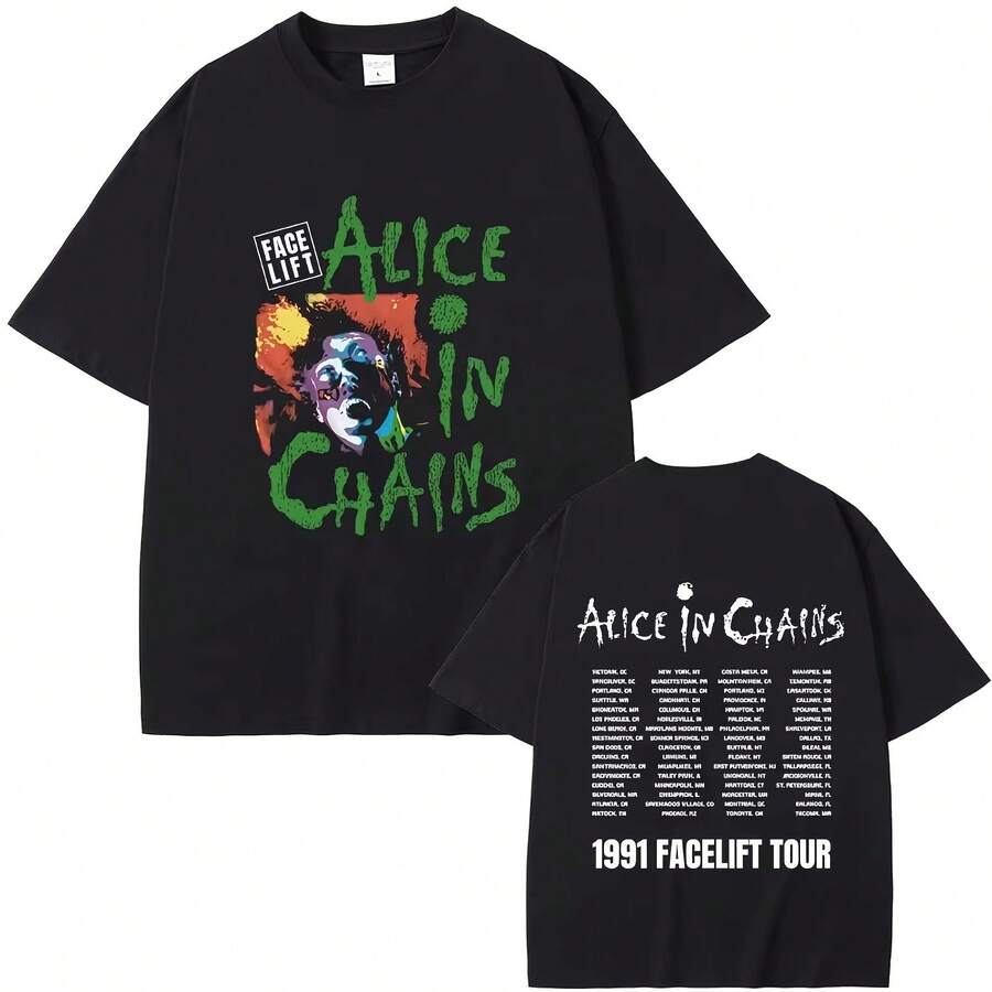 Rock Band Alice In Chains Face Lift Tour 1991 T Shirt Men Women Punk Casual Oversized T-Shirt TSEs Male Fashion Pure Cotton Tees - màu đen - Xem 1