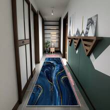 1pc Gold Rhinestone Velvet Ocean Pattern Long Mat - Non-Slip, Washable, Blue & Gold Abstract Design, Fashionable Runner Mat For Corridor, Meeting Room And Laundry Area, Large Area Rug Bathroom Decor - Navy Blue - View 3