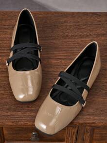 女士时尚方头棕色卡其色套脚鞋，适合通勤、办公、派对、约会、婚礼、新年、情人节等场合，休闲百搭，优雅玛丽珍芭蕾舞鞋，配有松紧带 - 卡其色 - 查看 2