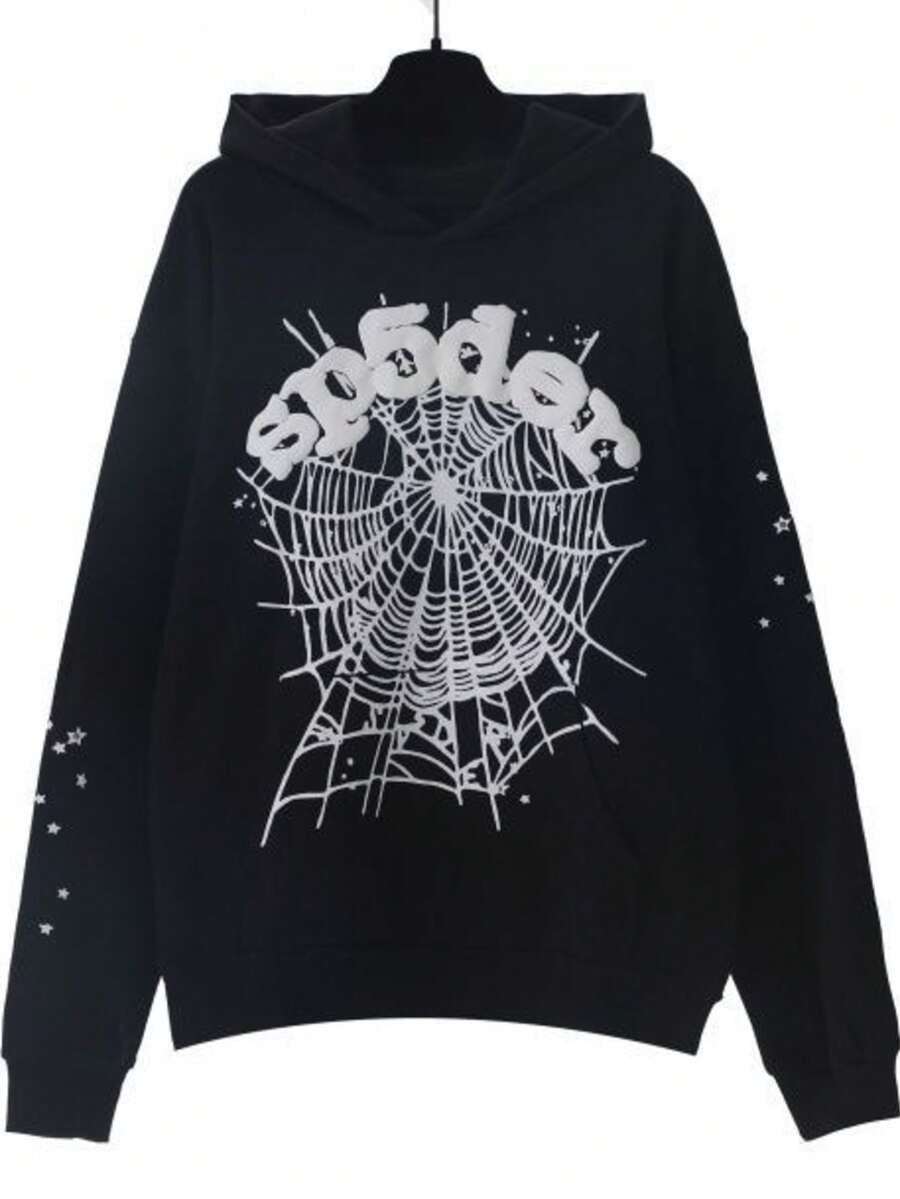 Autumn/Winter Clothing: Street-Style Hip-Hop Style Foam Spider Web Hooded Sweatshirt, Fashionable Sporty Hoodie. - 黑色 - 查看 1