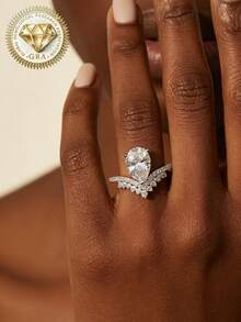 1pc Women's Engagement Ring, Pear-Shaped Crown Ring, 2g 925 Sterling Silver, 2 Carat Moissanite, Bohemian Palace Style, Engagement, Proposal, Wedding Anniversary, Valentine's Day Gift, Comes With Moissanite Certificate And Elegant Gift Box - Silver - View 4