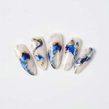 6pcs/3pcs 3D Marble Nail Art Decals Set With Golden Foil Ribbons, Blue And Purple Gradient Marble Effect, Matte Background 3D Self-Adhesive Nail Embellishments, Acrylic Nail Decals For Women's Manicure Supplies - Patterned Stripes, Glitter Finish, Cartoon Theme, Rectangle Shape, Single Use, Unscented - Multicolor - View 10