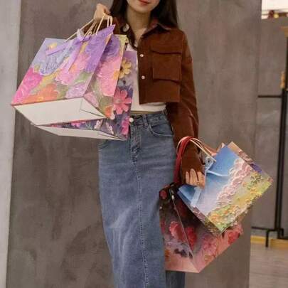 1pc Cloud Mountain Floral 3D Painting Style Gift Paper Bag, Beautiful Birthday Holiday Gift Packaging Tote Bag, Size 25*12*22cm, Suitable For Shopping, Party, Home, Lifestyle, Fashion, Cute