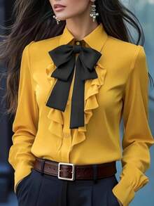 Camicetta elegante e alla moda da donna a maniche lunghe, con colletto a cravatta nera, arricciature e dettagli con fiocco, vestibilità regular, adatta per l'ufficio e l'uso quotidiano in primavera, autunno e inverno - Zenzero 1 - Visualizzare 3