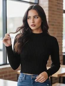 Women's Cropped Textured Knit Long Sleeve Ribbed Knit Top - Autumn/Winter Fashion - Color caoba - Ver 3