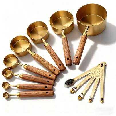 13pcs Measuring Cup & Spoon Set, Stainless Steel Measuring Cups With Wooden Handles, Metal Measuring Spoons, Kitchen Measurement Tools For Cooking And Baking (8pcs Wooden Handle Measuring Cups + 5pcs Stainless Steel Measuring Spoons)