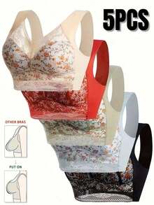 5pcs Simple Solid Multiple Butterflies Floral Lace Bra, Comfy & Breathable Full Coverage Wireless Bra, Women's Lingerie & Underwear- Comfortable Design Without Steel Rings,  Adjustable Shoulder Straps, Thickened Coasters, Breathable And Soft, Daily Casual And Formal Occasions Lingerie For Women, Bras For Women, Lace Bra - 彩色 - 查看 1