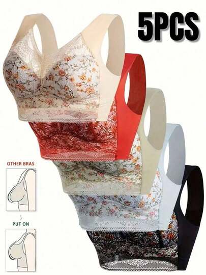 5pcs Simple Solid Multiple Butterflies Floral Lace Bra, Comfy & Breathable Full Coverage Wireless Bra, Women's Lingerie & Underwear- Comfortable Design Without Steel Rings,  Adjustable Shoulder Straps, Thickened Coasters, Breathable And Soft, Daily Casual And Formal Occasions Lingerie For Women, Bras For Women, Lace Bra