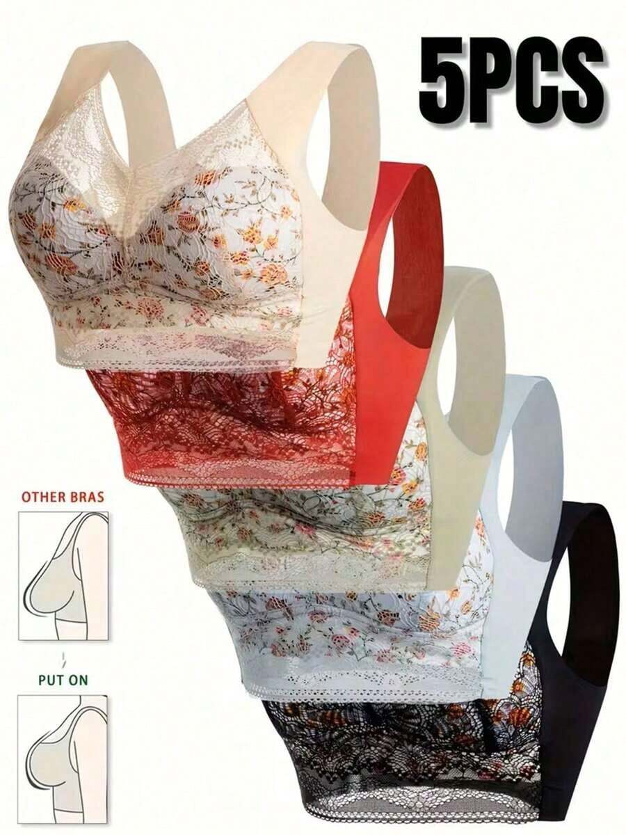5pcs Simple Solid Multiple Butterflies Floral Lace Bra, Comfy & Breathable Full Coverage Wireless Bra, Women's Lingerie & Underwear- Comfortable Design Without Steel Rings,  Adjustable Shoulder Straps, Thickened Coasters, Breathable And Soft, Daily Casual And Formal Occasions Lingerie For Women, Bras For Women, Lace Bra - 彩色 - 查看 1