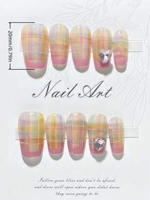 1 pieza de arte de uñas de aplicación manual, colores arcoíris, patrón a cuadros, decoración con cristales en forma de corazón, uñas cortas, uñas cuadradas, uñas para el Día de San Valentín, alta calidad, reutilizable, apto para uso diario y días festivos. Suministros para uñas - Multicolor - Ver 4