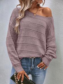 2026 Spring Women's Openwork Striped Knit Sweater - Oversized Boat Neck Casual Pullover Women's Boat Neck Daily Casual Top - 2026 Spring Soft Openwork Striped Pullover 2026 Spring Soft Boat Neck Pullover - Women's Openwork Striped Comfort Knit Top Women's Openwork Striped Casual Pullover - 2026 Spring Oversized Boat Neck Sweaterv - Hồng - Xem 6