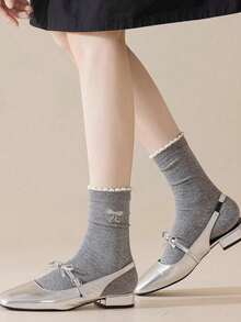 3 Pairs Women's Bow Decor Cute Socks, Casual School Style Lace Mid-Calf Socks - Multicolor - View 2