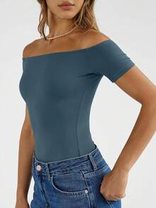Summer Off The Shoulder Tops For Women Going Out Short Sleeve Shirts Cute Y2K Sexy Basic Clothes 2026 Fashion - Màu xanh bụi bặm - Xem 3