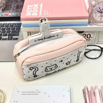 柔软猫咪印花铅笔盒，粉白波点设计 - 大容量拉链收纳袋，防刮耐用可爱文具盒，适合大学生
