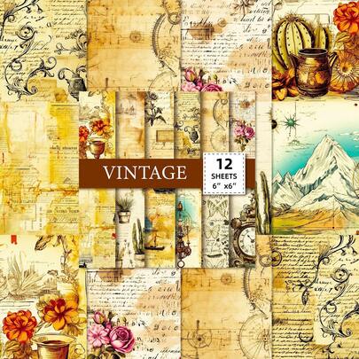 12 pezzi Set di carta da artigianato in stile vintage - Comprende 12 disegni assortiti ispirati all'antico con illustrazioni floreali, testi calligrafici, motivi meccanici, farfalle e sfondi in pergamena invecchiata, cartoncino acid-free da 15 cm/6 pollici quadrati per decoupage, journaling, confezione regalo, progetti artigianali a tema storico, per aggiungere un fascino classico alle tue creazioni, Dimensione: 6 pollici * 6 pollici
