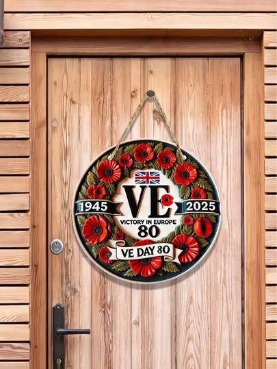 1pc 10inch/12inch 2D Flat VE Day 80th Anniversary Wooden Sign - Round Wooden Wall Art With UK Flag Design, Red Poppy Flower And Golden Stars, 2D Flat Printing, Commemorating 1945-2025 European Victory, Indoor/Outdoor Decor For Home, Bedroom, Garden, Bar, Office, Game Room, Cafe, Patriotic Decor, Wooden Sign, VE Day Decor, Room Decor