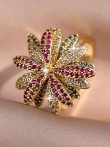 jealous young 1枚优雅多色花卉立方氧化锆女士结婚戒指，时尚饰品，适合日常、通勤、度假和旅行佩戴 - 彩色 - 查看 5