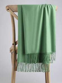 经典女士纯色流苏时尚保暖围巾，纯色休闲可爱优雅街头时尚宫廷风商务派对涤纶柔软围巾，四季皆宜围巾头巾 - A草綠色 - 查看 12