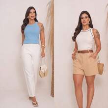 Kit 02 Blusinhas Regatas Feminina Canelada Sem Transparência Tecido Premium Multiplas Ocasiões Trabalho Escola Jantar Aniversário - Nude e Azul - Visão 5