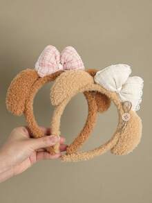 1pc Fashionable Cartoon Plush Bear Ear Animal Ear Lace Bow Button Small Bear Headband Hair Accessory - Multicolor - View 1