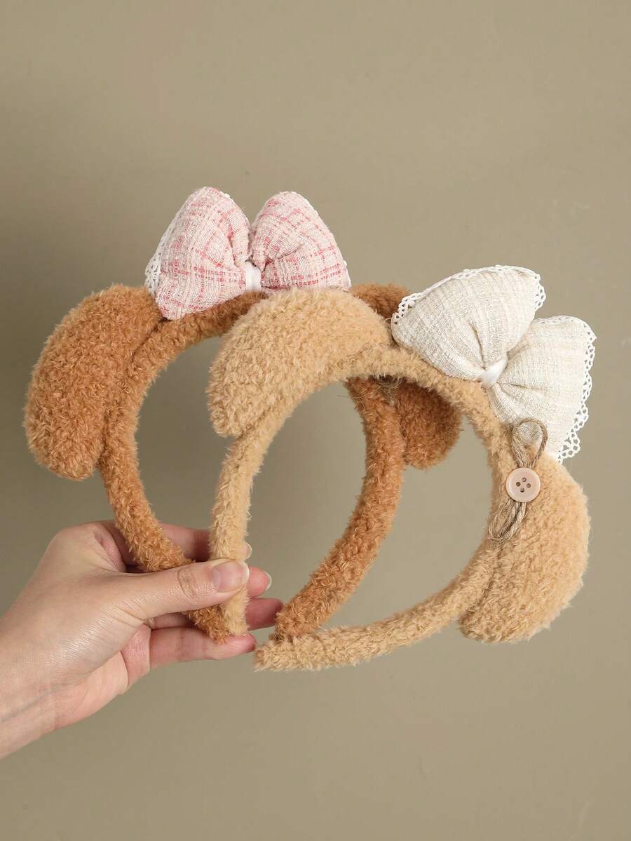 1pc Fashionable Cartoon Plush Bear Ear Animal Ear Lace Bow Button Small Bear Headband Hair Accessory - Multicolor - View 1