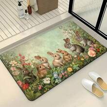 1 件复活节兔子图案地毯，法兰绒针织面料，防褪色涤纶底背，580gsm，长方形，适用于浴室、厨房、洗衣房等场所装饰 - 灰色 - 查看 1