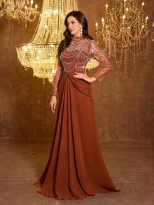 UNITHORSE 女士优雅立领长袖串珠亮片网纱雪纺长款晚礼服婚纱春季 - 橘色 - 查看 5