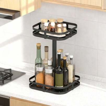 Rotating Spice Rack, 2-Tier Design, Suction Cup Feet, Metal, Black