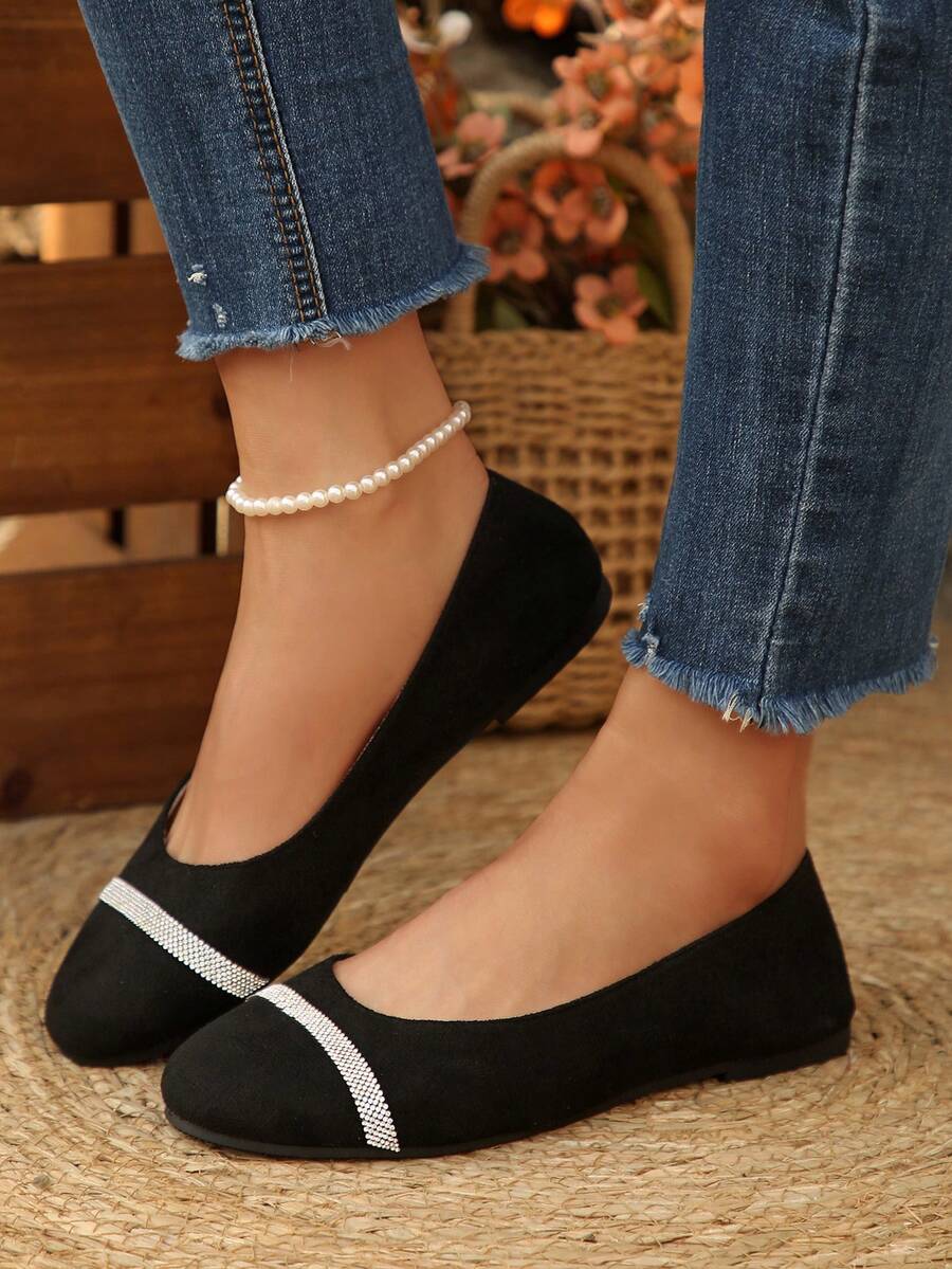 1 Pair Black Suede Rhinestone Embellished Flat Slip-On Shoes, Versatile & Simple Design For Teenagers, Spring/Summer - Black - View 1