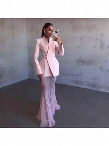French Celebrity Style Solid Color Long-Sleeved Suit Micro-Transparent Mesh Skirt Suit - 白色 - 查看 3