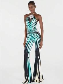Women's Versatile Halter Backless Jumpsuit | Print Tie Waist Flare Leg Sexy Romper - 藍色 - 查看 3