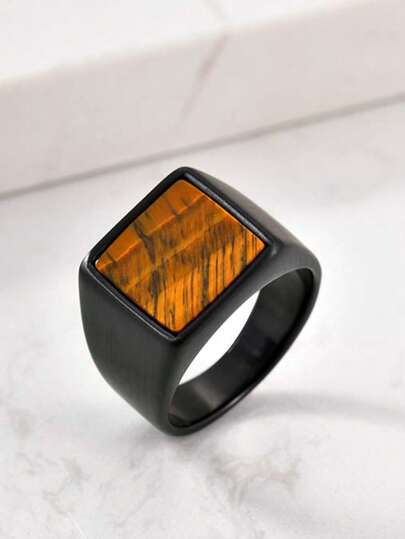 1 szt. Męski minimalistyczny naturalny kamień tygrysie oko, czarny, grawerowany geometryczny pierścień biżuterii