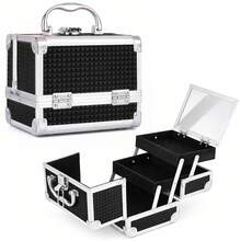 Lockable Makeup Box With Mirror, Portable Vanity Cosmetic Organiser With 2 Trays, Travel Make Up Case For Cosmetics, Jewellery & Accessories - Black - View 3