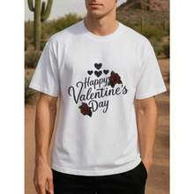 Men's Printed Short-Sleeved T-Shirt, Classic Pink, Valentine's Day, Medium Elasticity And Fashionable Style, High-Quality Pure Cotton T-Shirt, A Symbol Of Love, A Gift, Suitable For Sports And Fitness, Casual Wear For Business And Various Occasions - 白色 - 查看 2